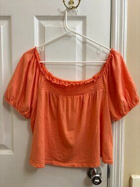 American Eagle Orange Smocked Crop Top Off Shoulder Boho Peasant Cotton Medium